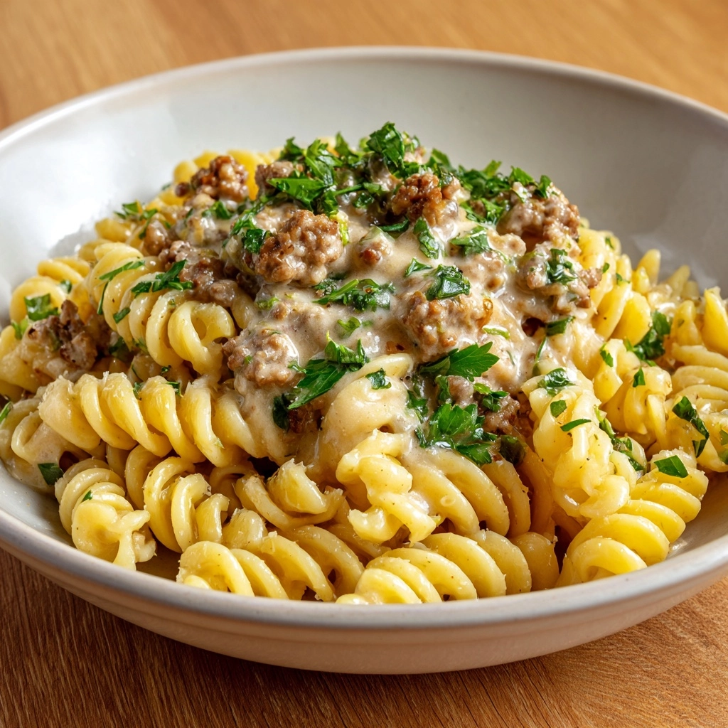 Beef and Rotini in Garlic Parmesan Sauce Recipe - Recipe Image