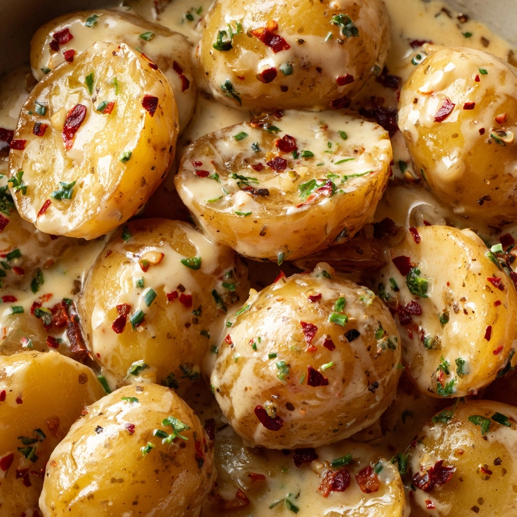 Easy Creamy Garlic Sauce Baby Potatoes Recipe - Recipe Image