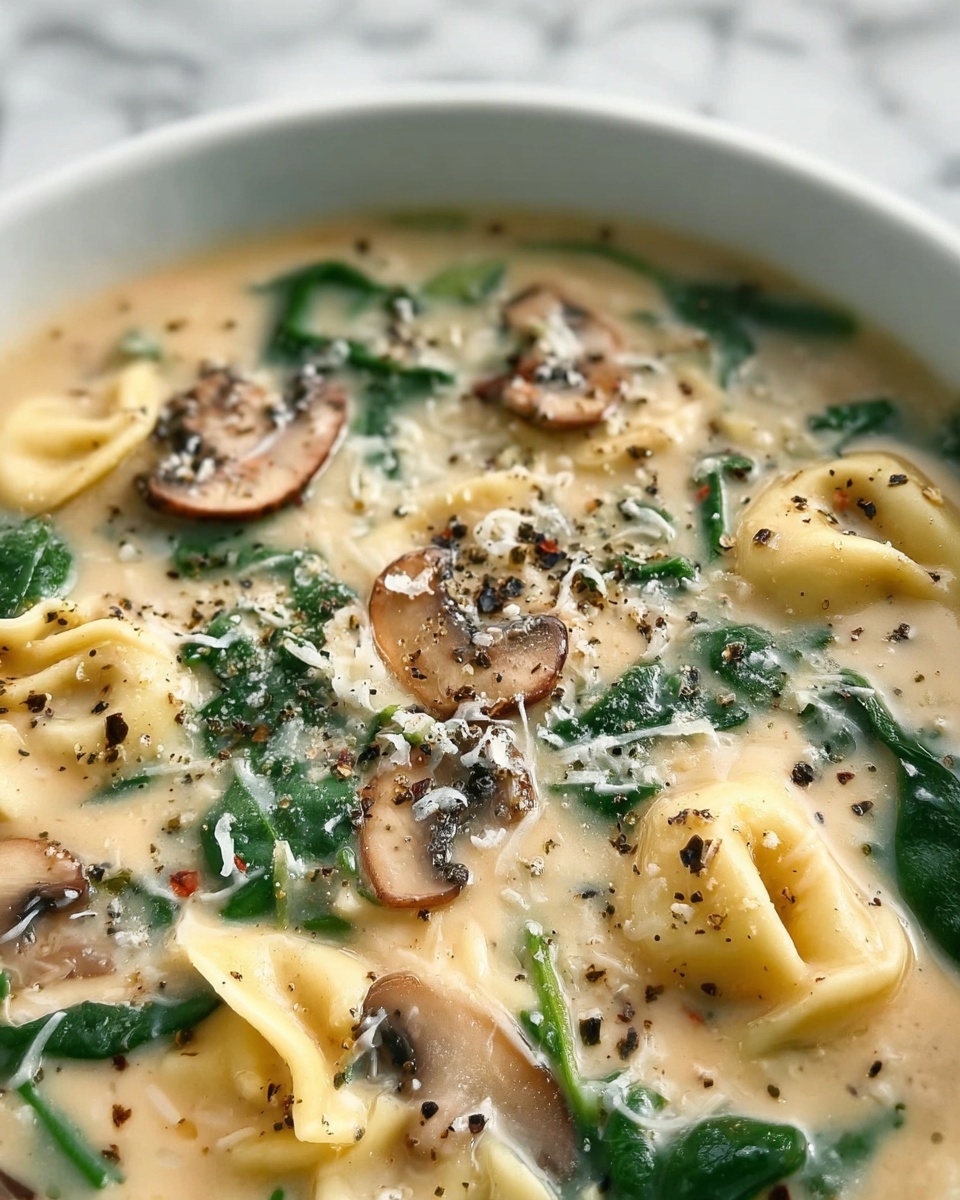 Creamy Parmesan Mushroom and Spinach Tortellini Soup Recipe - Recipe Image