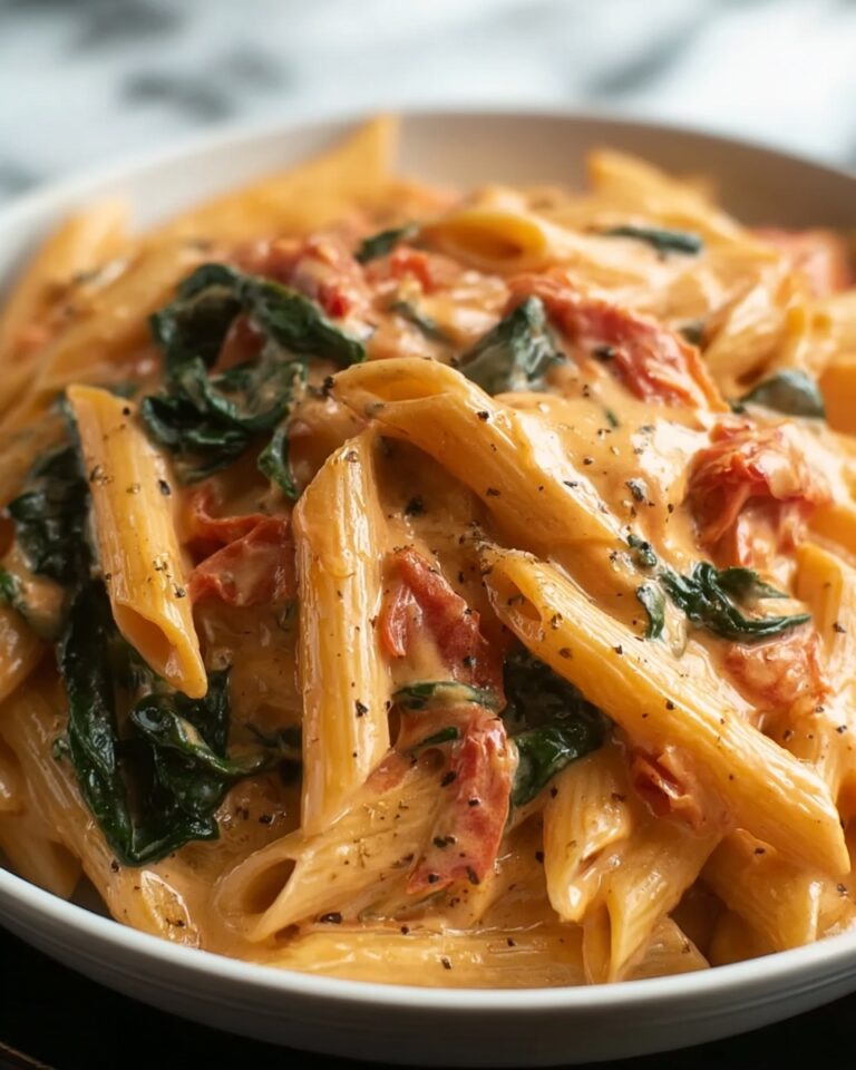 Penne Pasta with Spinach and Roasted Red Pepper Cream Sauce Recipe