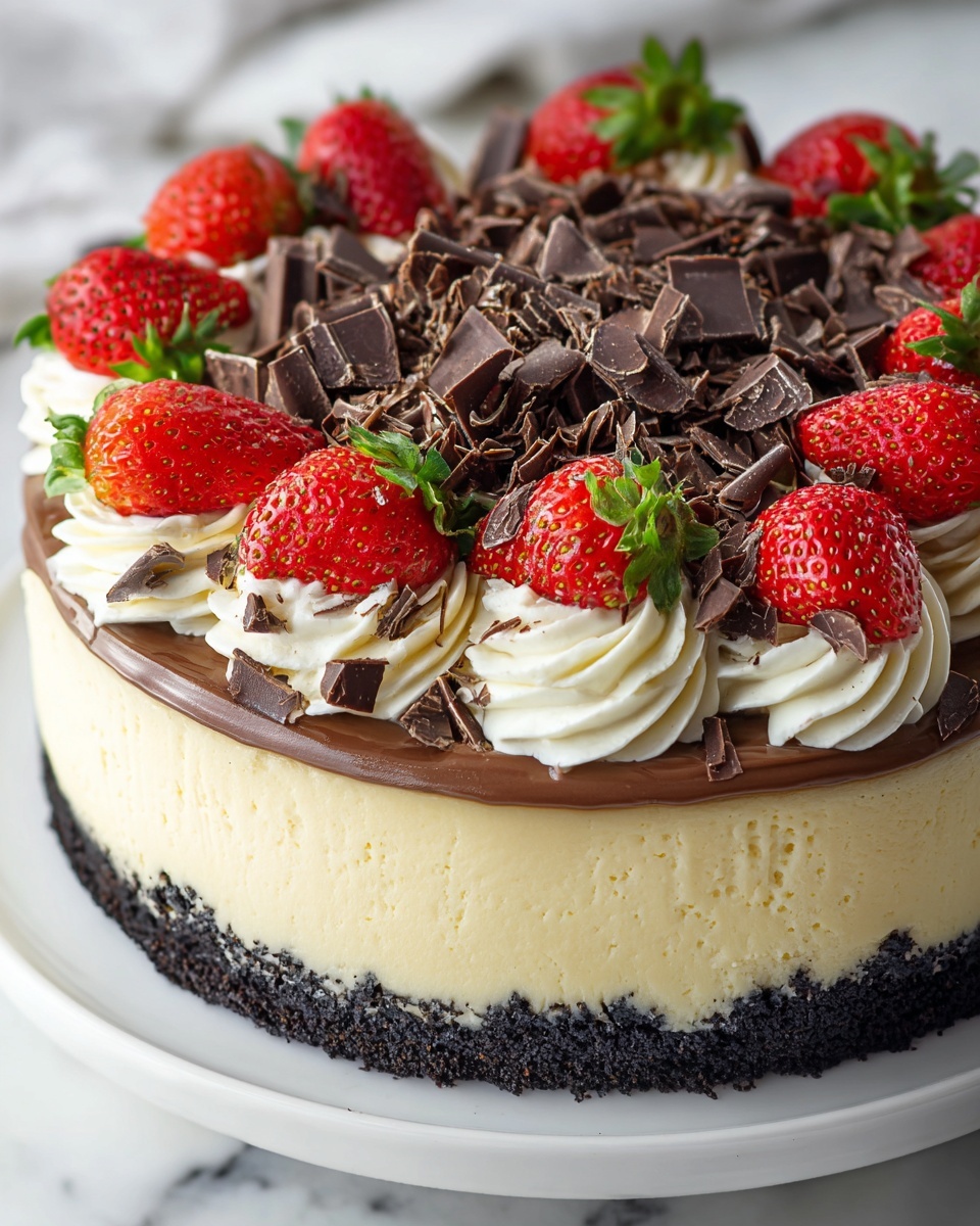 Vanilla Cheesecake with Chocolate Crust and Strawberry Garnish Recipe - Recipe Image