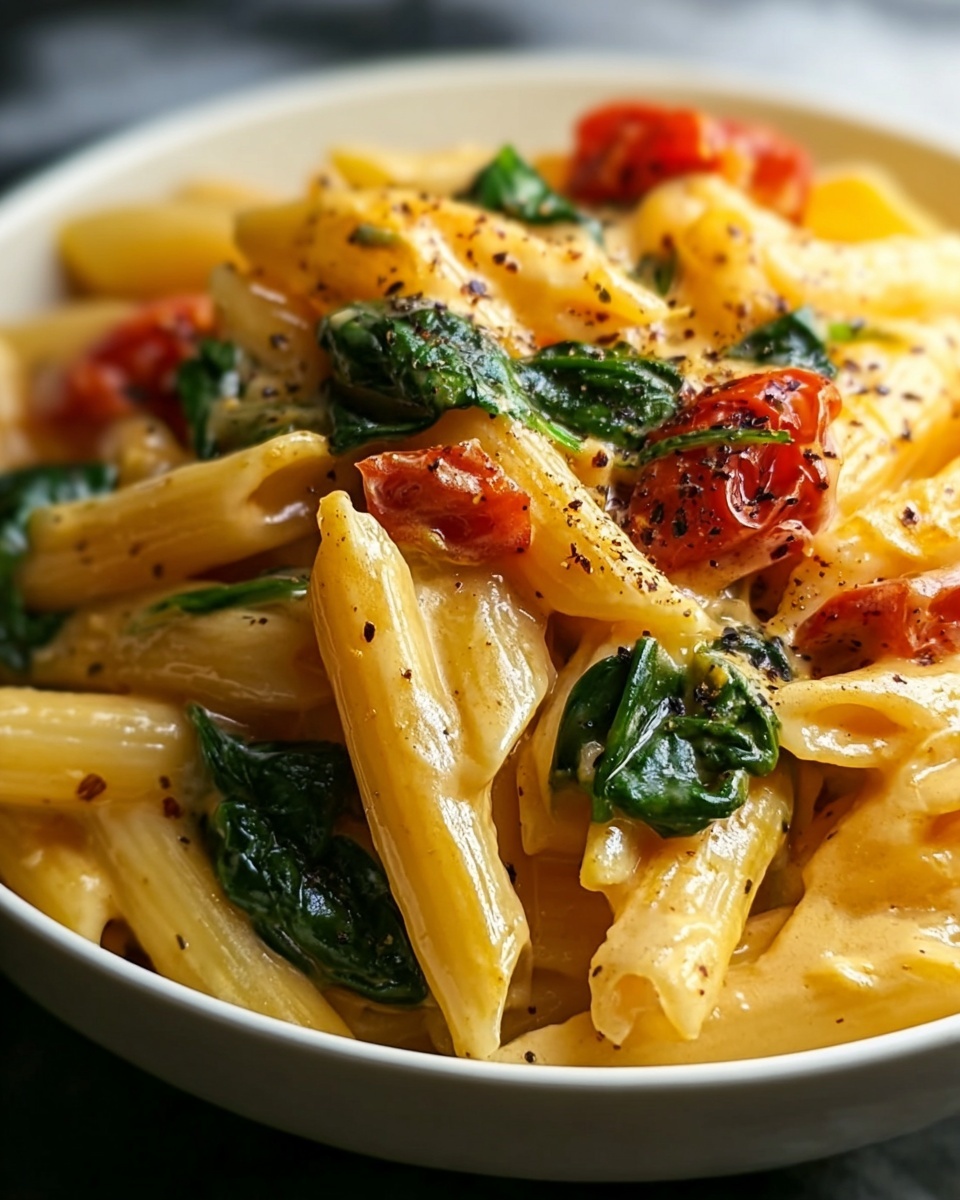 Penne Pasta with Spinach and Roasted Red Pepper Cream Sauce Recipe - Recipe Image