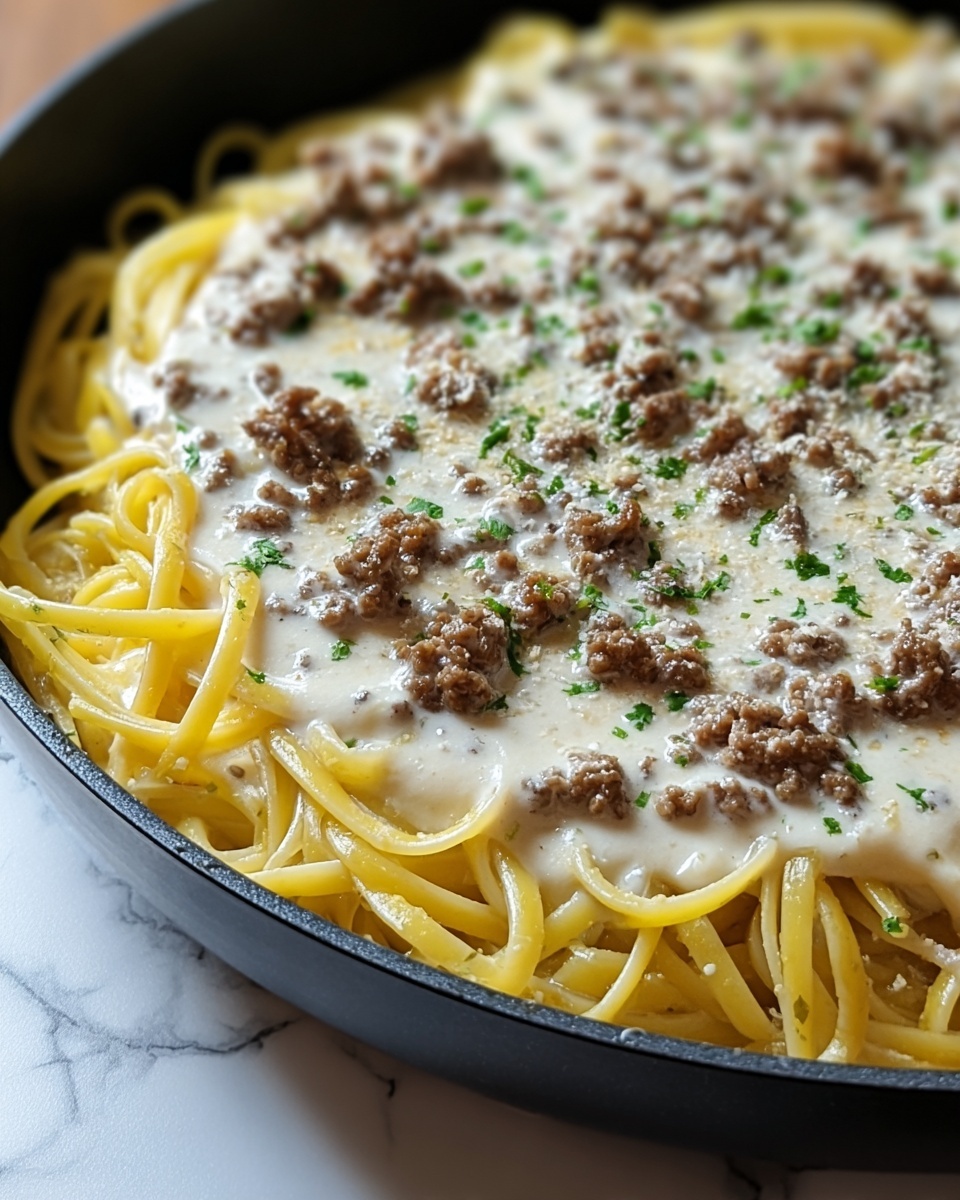 Cheesy Garlic Butter Linguine with Savory Ground Beef Recipe - Recipe Image