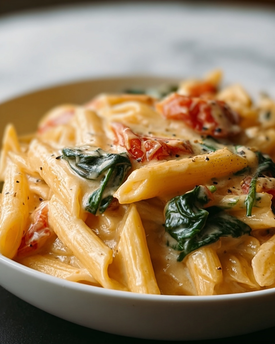 Penne Pasta with Spinach and Roasted Red Pepper Cream Sauce Recipe - Recipe Image