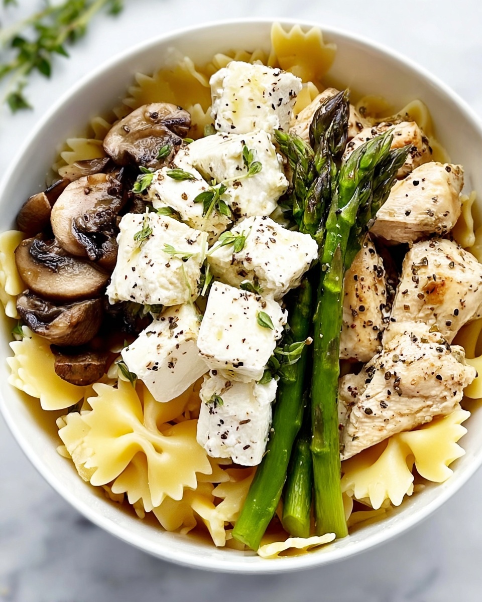 Creamy Goat Cheese Pasta with Chicken, Asparagus, and Mushrooms Recipe - Recipe Image