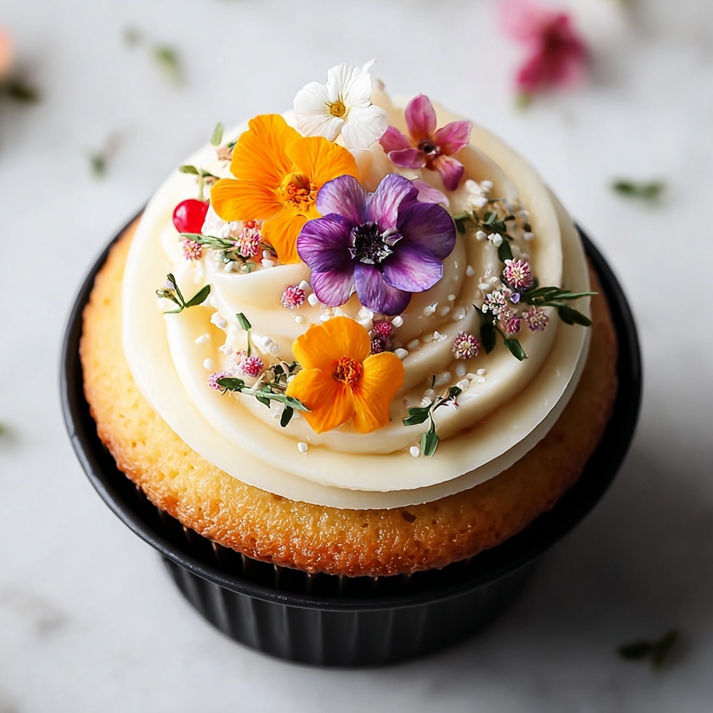 Spring Lemon Coconut Cupcakes with Pistachios and Candied Violets Recipe - Recipe Image