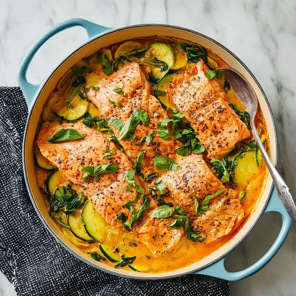 Creamy Skillet Salmon with Zucchini, Summer Squash, and Spinach Recipe - Recipe Image