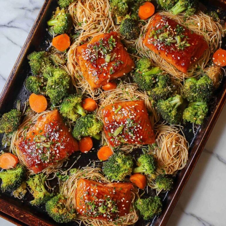 Sheet Pan Asian Salmon with Broccoli, Carrots, and Rice Noodles Recipe
