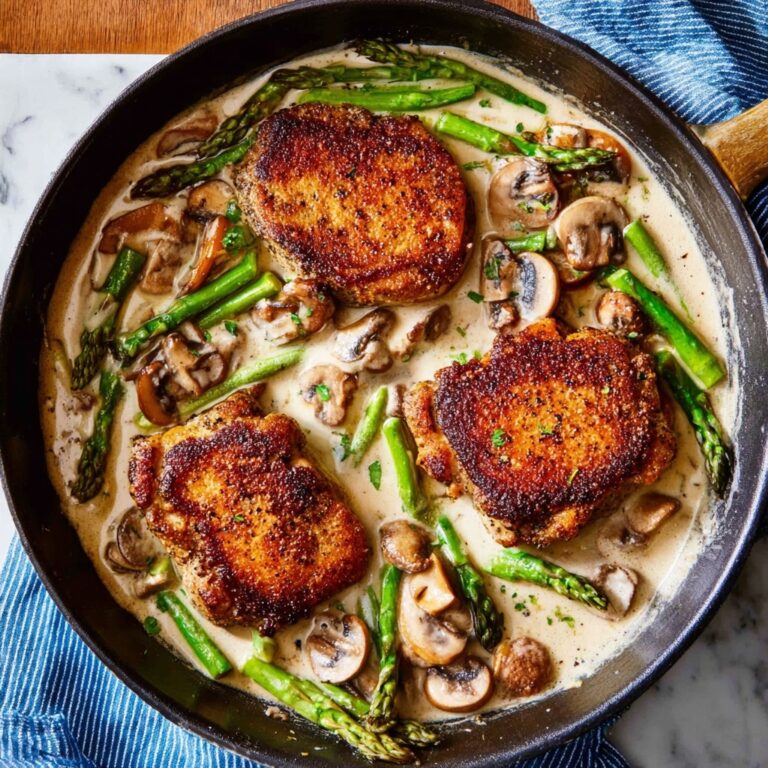 Pork Chops with Mushroom and Asparagus in Creamy Balsamic Sauce Recipe