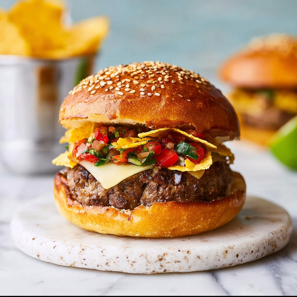 Taco Burger with Guacamole, Pico de Gallo, and Tortilla Chips Recipe - Recipe Image