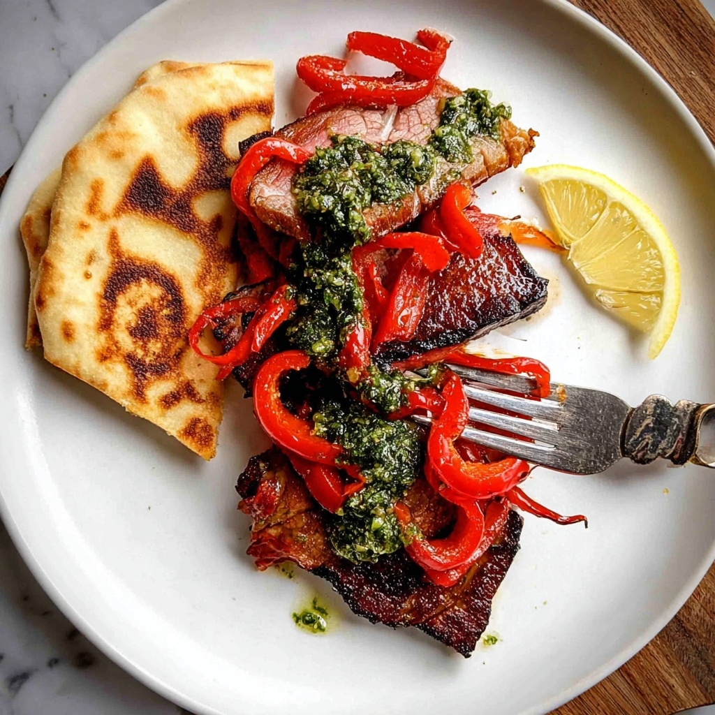 Sirloin Steak with Pesto, Bell Peppers, and Flatbread Recipe - Recipe Image