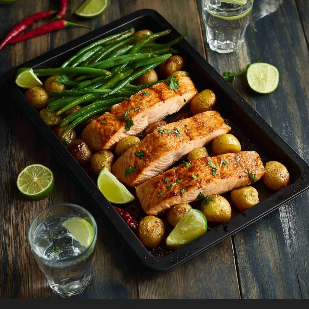 One Tray Oven Baked Honey Chili Lime Salmon with Potatoes and Green Beans Recipe - Recipe Image