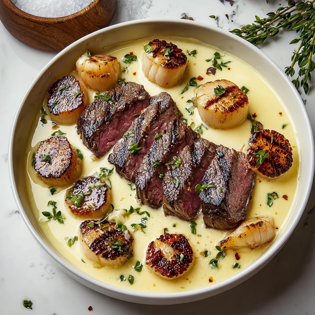 Surf and Turf with Creamy Garlic Sauce Recipe - Recipe Image