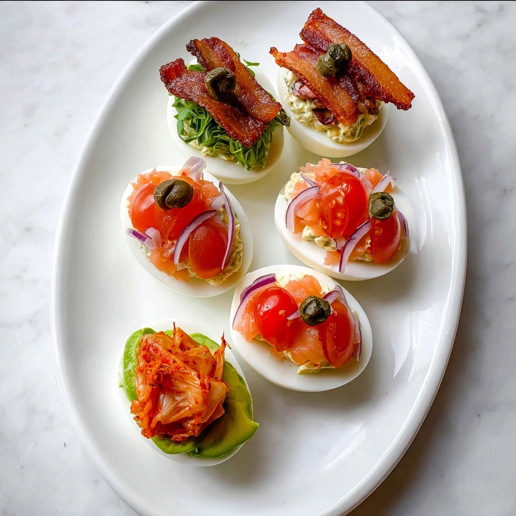 Egg Flight: Triple-Style Hardboiled Eggs with Bacon, Smoked Salmon, and Kimchi Avocado Topping Recipe - Recipe Image