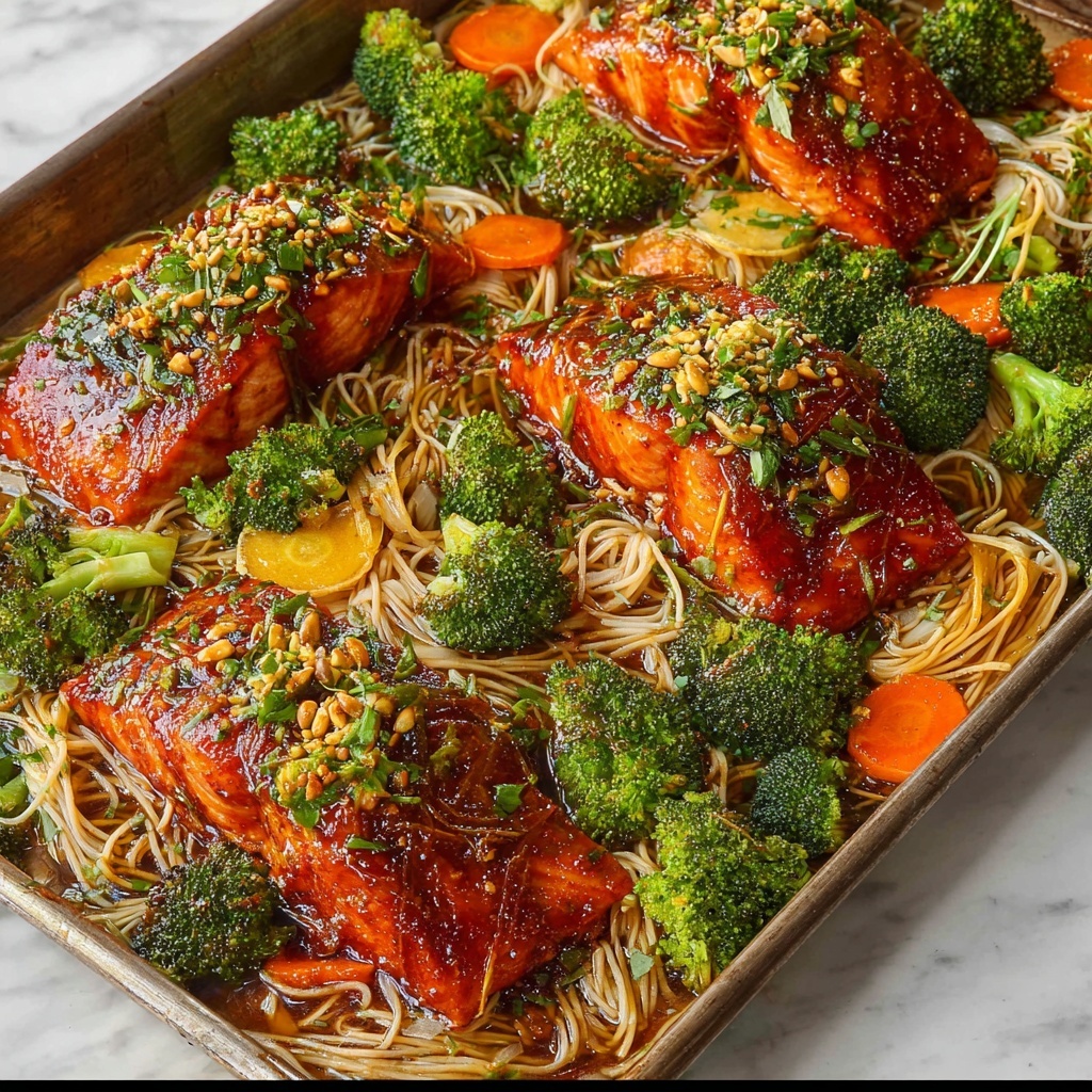 Sheet Pan Asian Salmon with Broccoli, Carrots, and Rice Noodles Recipe - Recipe Image