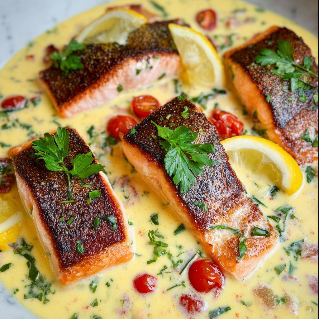 Tuscan Salmon with Tomato, Spinach, and Parmesan Cream Sauce Recipe - Recipe Image