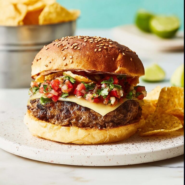 Taco Burger with Guacamole, Pico de Gallo, and Tortilla Chips Recipe