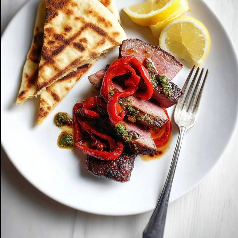 Sirloin Steak with Pesto, Bell Peppers, and Flatbread Recipe