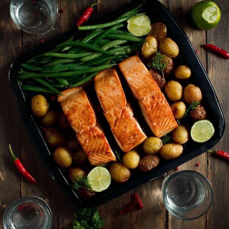 One Tray Oven Baked Honey Chili Lime Salmon with Potatoes and Green Beans Recipe