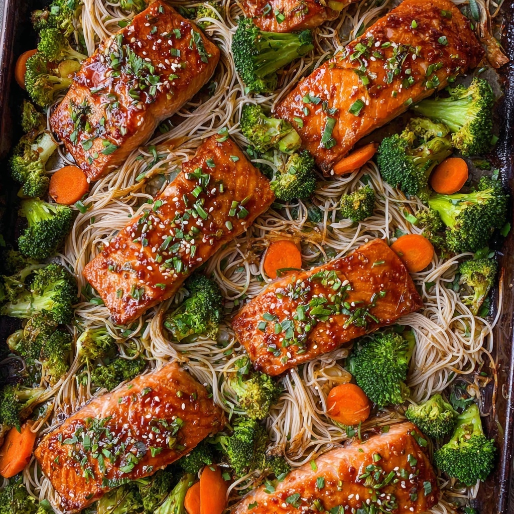 Sheet Pan Asian Salmon with Broccoli, Carrots, and Rice Noodles Recipe - Recipe Image