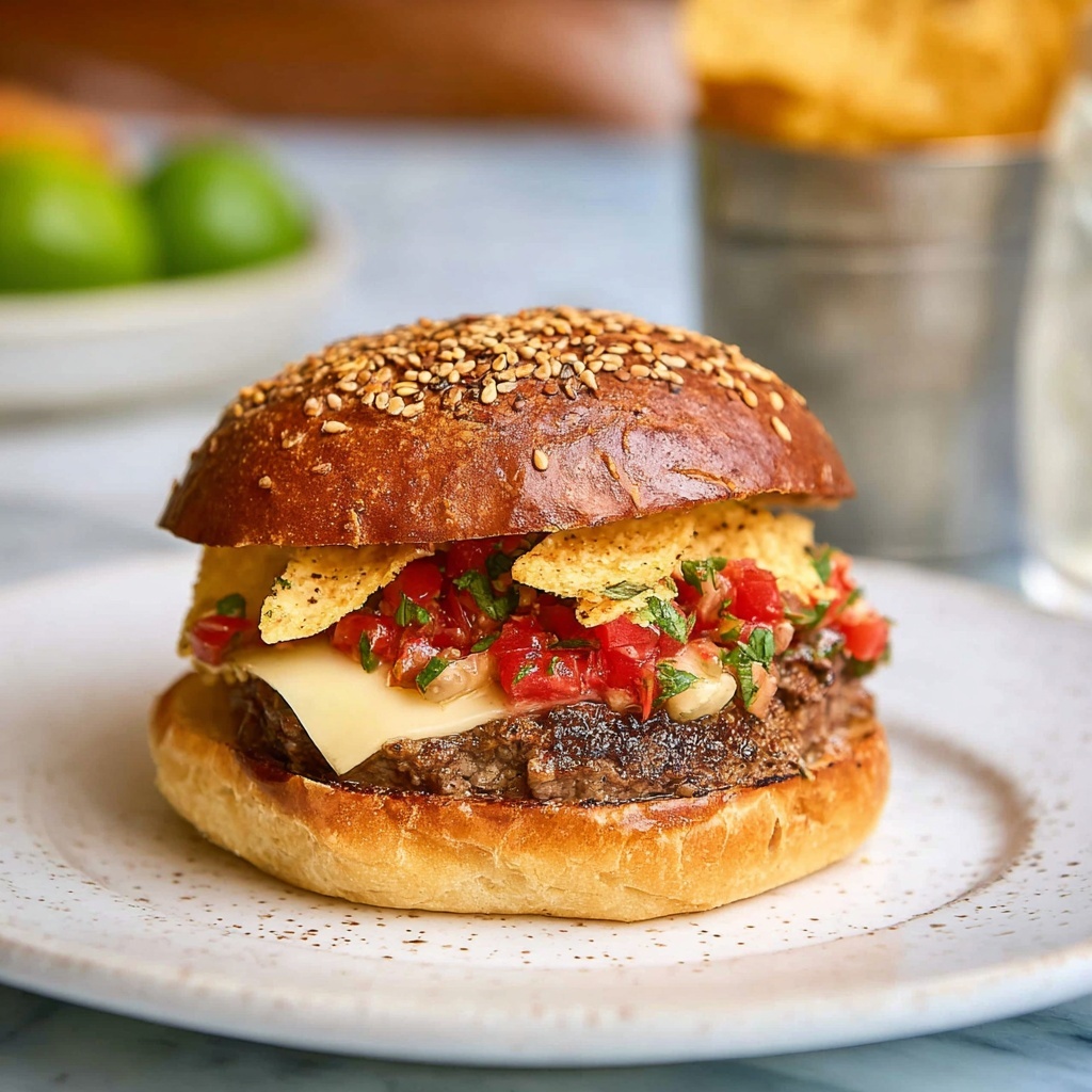 Taco Burger with Guacamole, Pico de Gallo, and Tortilla Chips Recipe - Recipe Image