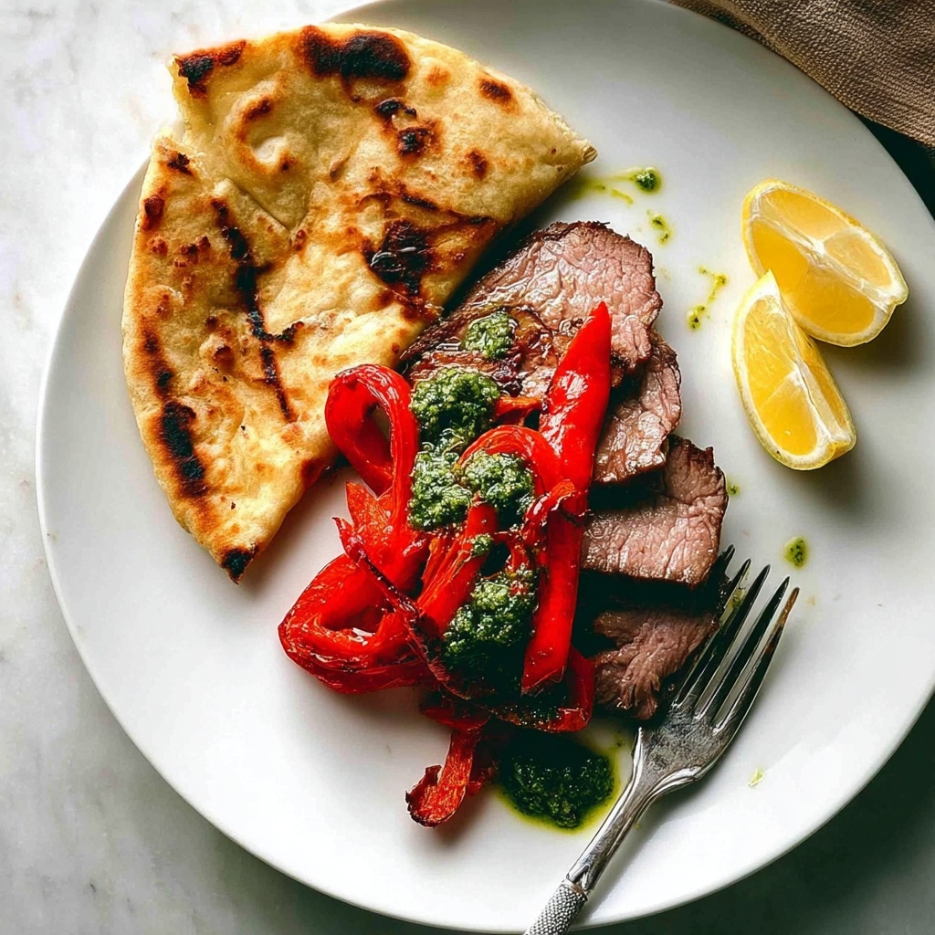 Sirloin Steak with Pesto, Bell Peppers, and Flatbread Recipe - Recipe Image