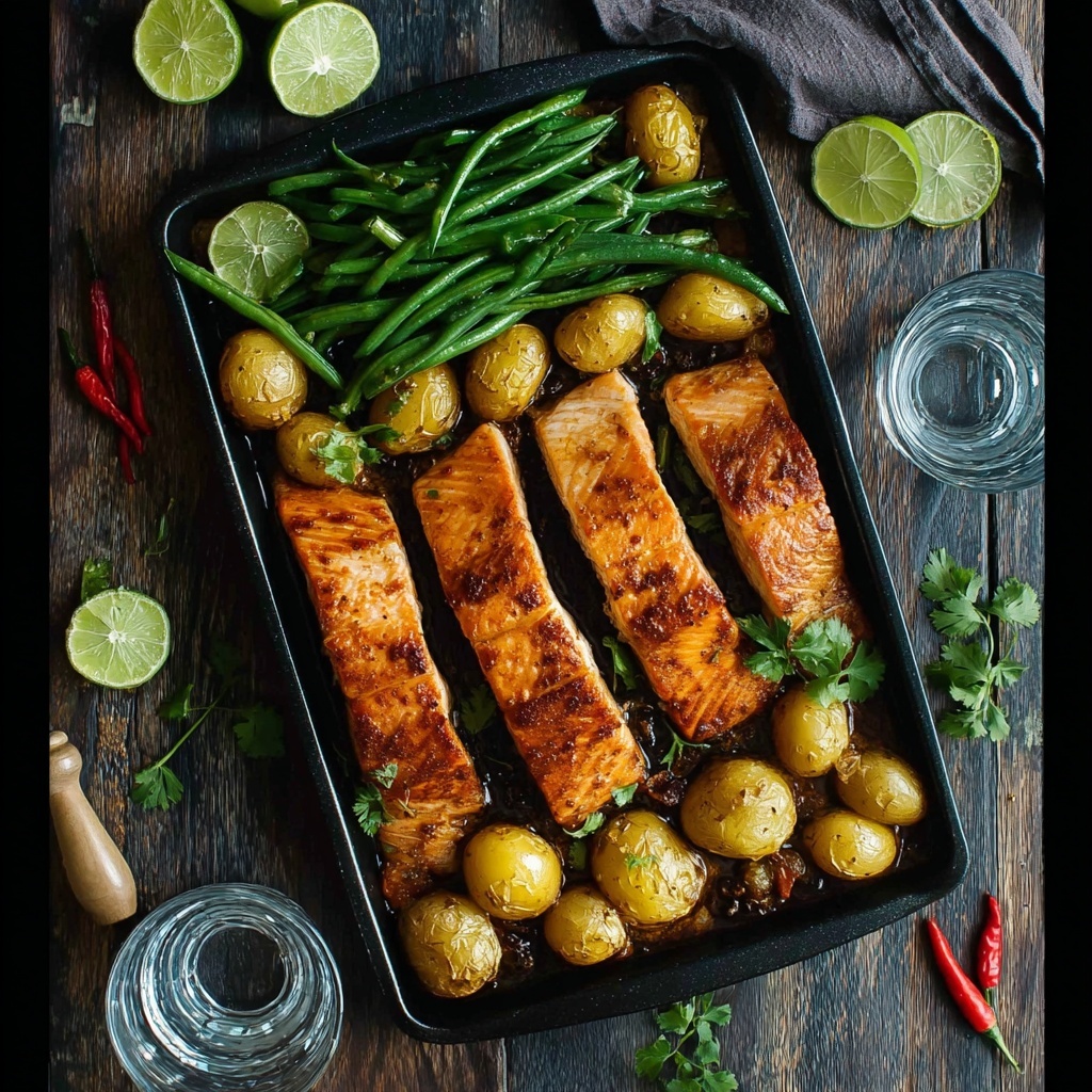 One Tray Oven Baked Honey Chili Lime Salmon with Potatoes and Green Beans Recipe - Recipe Image