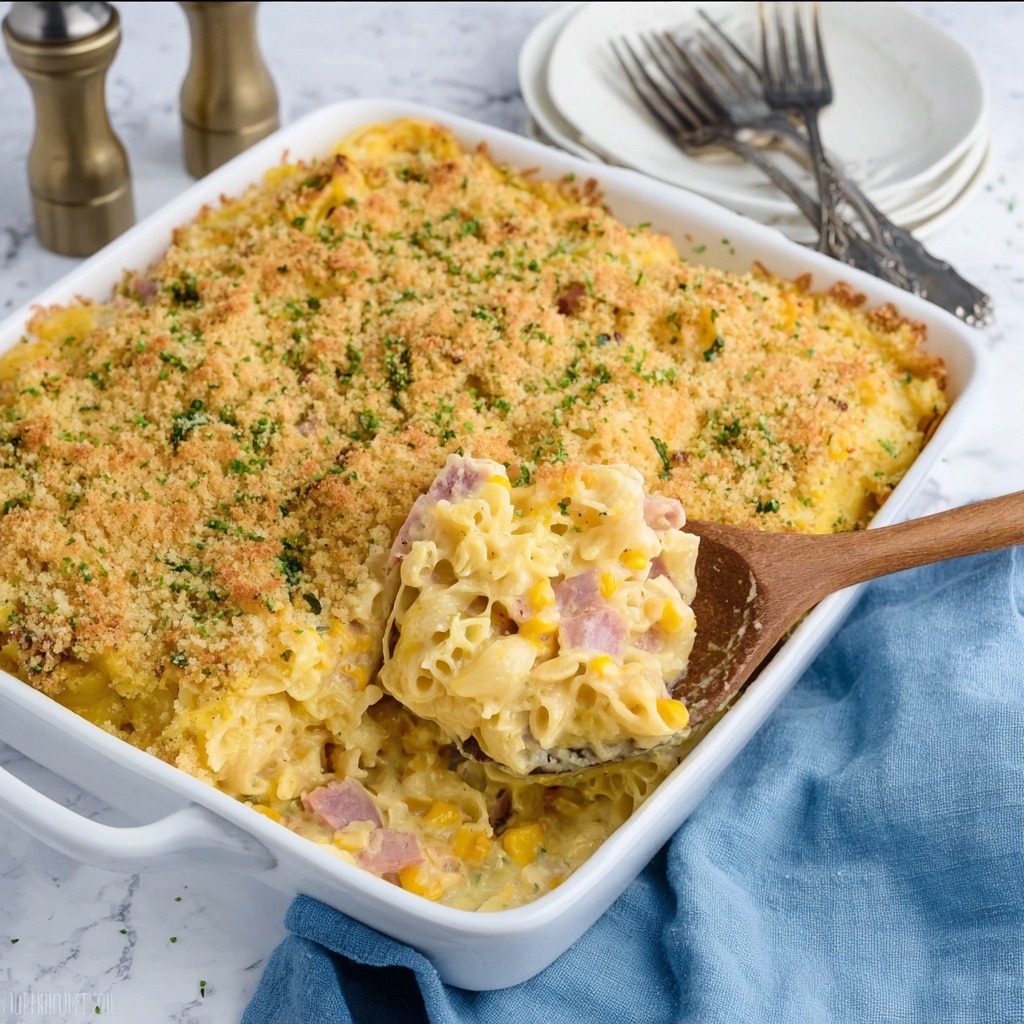 Creamy Ham Noodle Casserole with Cheddar, Parmesan, and Panko Breadcrumb Topping Recipe - Recipe Image