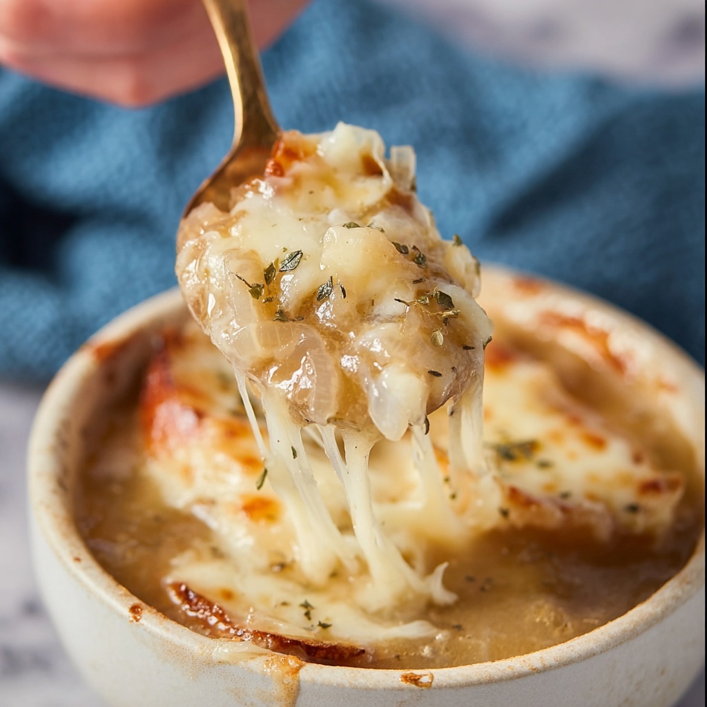 French Onion Soup with Caramelized Onions, Balsamic Vinegar, and Melted Provolone Recipe - Recipe Image