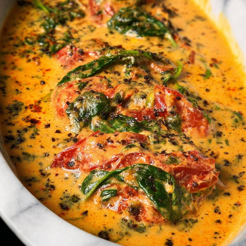 Crockpot Tuscan Chicken with Sun-Dried Tomatoes and Creamy Spinach Recipe - Recipe Image