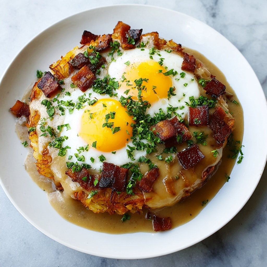 Egg Topped Hash Browns with Bacon Gravy Recipe - Recipe Image