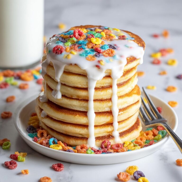 Fruity Pebble Pancakes with Marshmallow Fluff Drizzle Recipe