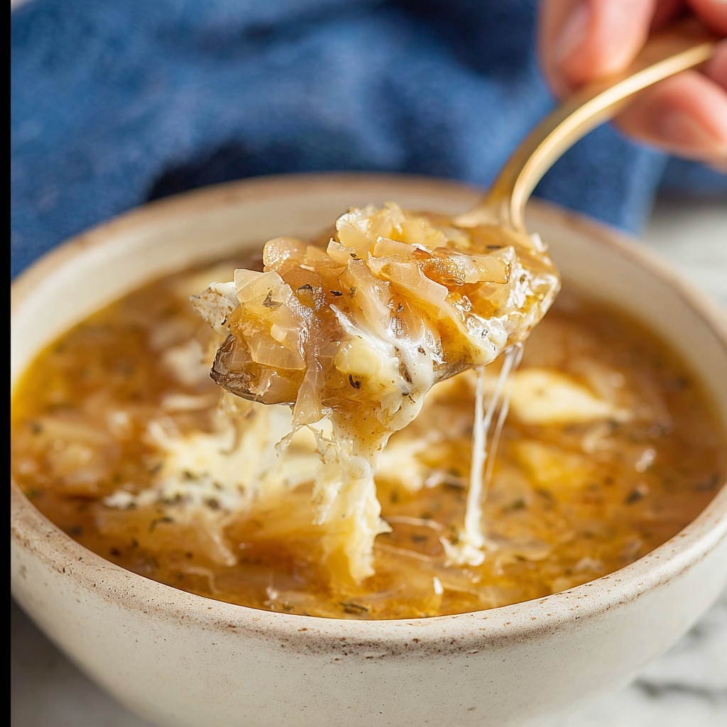 French Onion Soup with Caramelized Onions, Balsamic Vinegar, and Melted Provolone Recipe - Recipe Image
