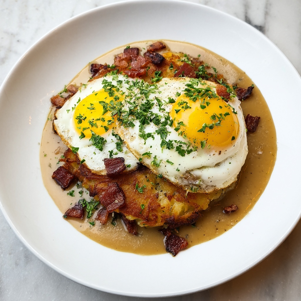 Egg Topped Hash Browns with Bacon Gravy Recipe - Recipe Image