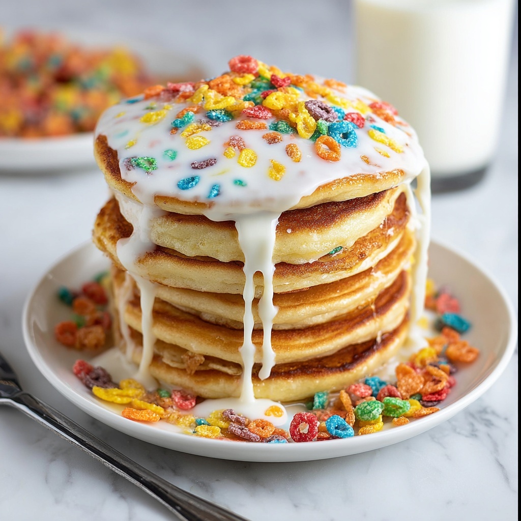 Fruity Pebble Pancakes with Marshmallow Fluff Drizzle Recipe - Recipe Image
