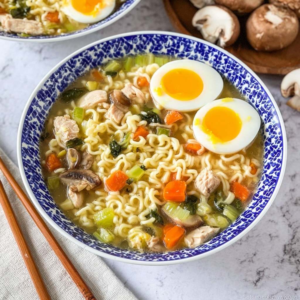 Hearty Chicken Ramen Soup with Vegetables and Fresh Spinach Recipe - Recipe Image