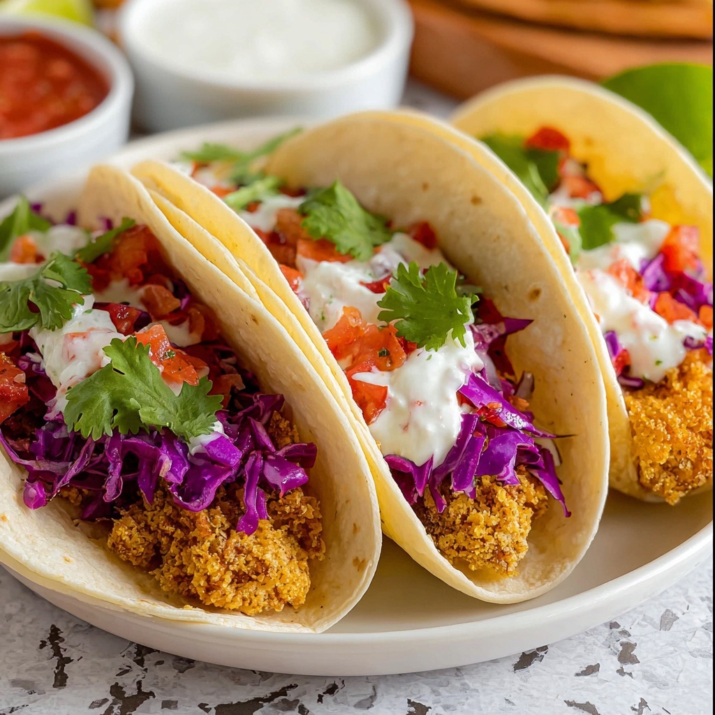 Fried Chicken Tacos with Red Cabbage, Cilantro, and Lime Recipe - Recipe Image