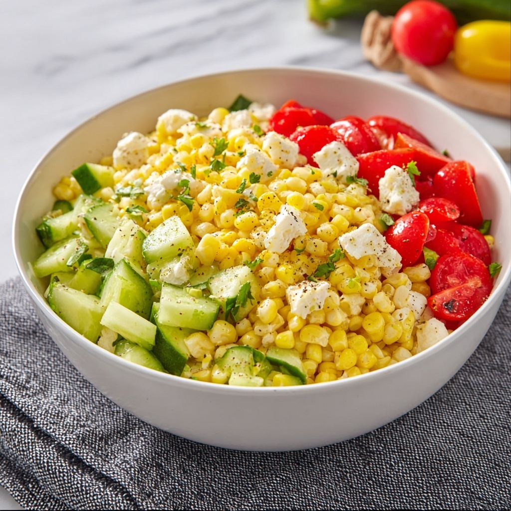 Fresh Corn Salad with Feta, Tomatoes, Cucumber, and Herb Dressing Recipe - Recipe Image