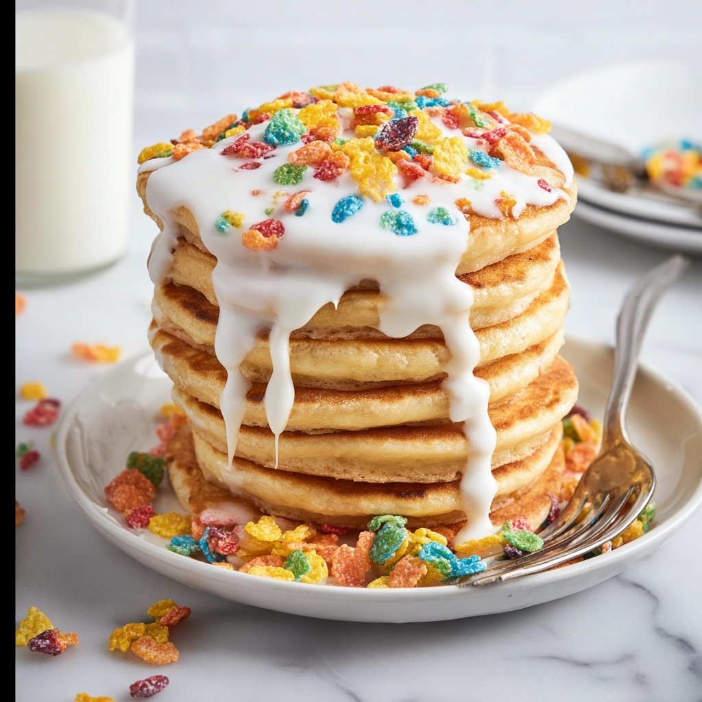 Fruity Pebble Pancakes with Marshmallow Fluff Drizzle Recipe - Recipe Image