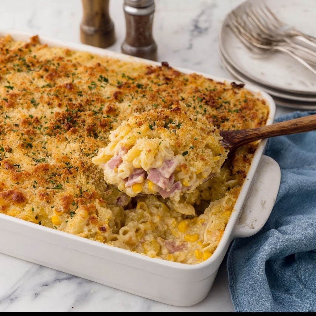 Creamy Ham Noodle Casserole with Cheddar, Parmesan, and Panko Breadcrumb Topping Recipe - Recipe Image