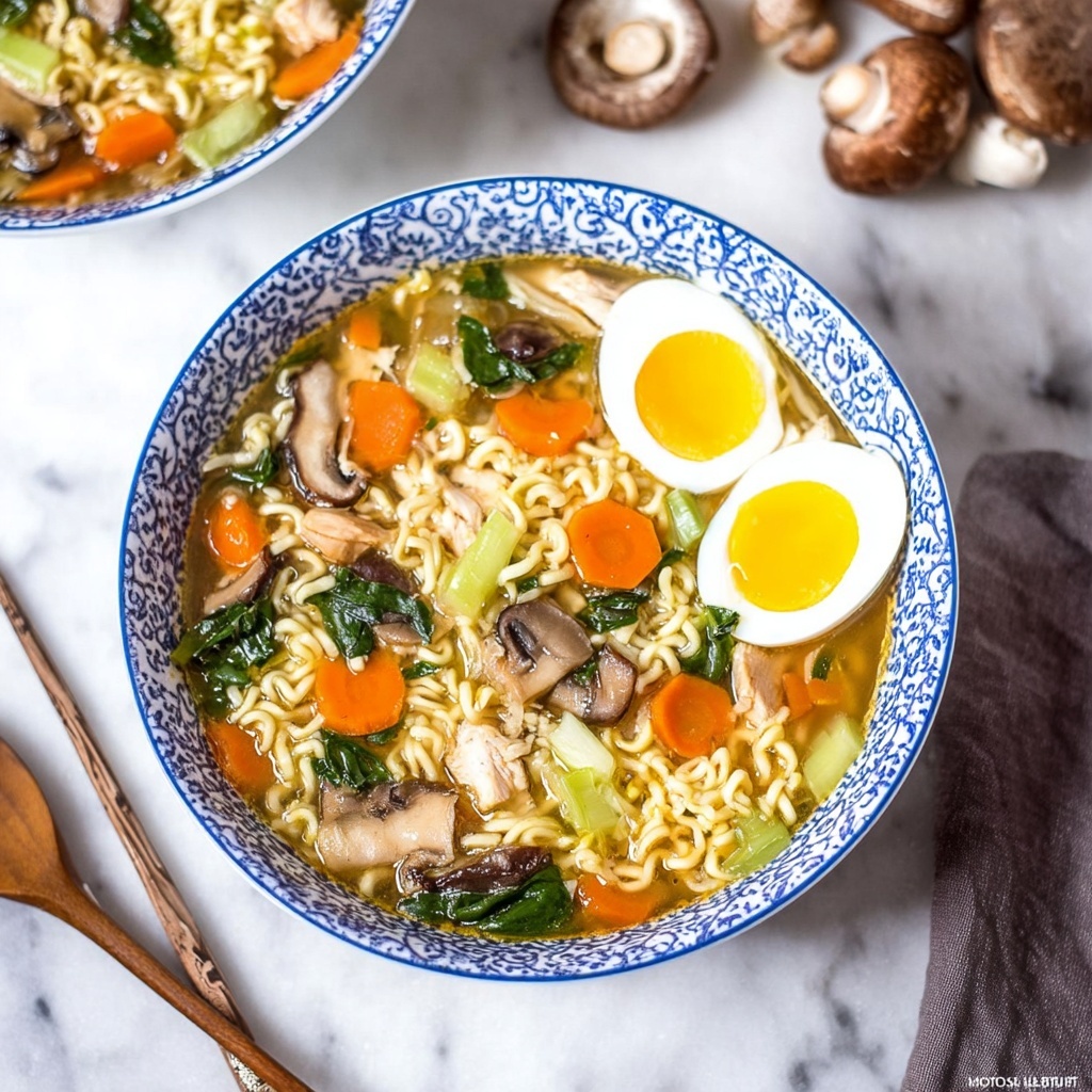 Hearty Chicken Ramen Soup with Vegetables and Fresh Spinach Recipe - Recipe Image