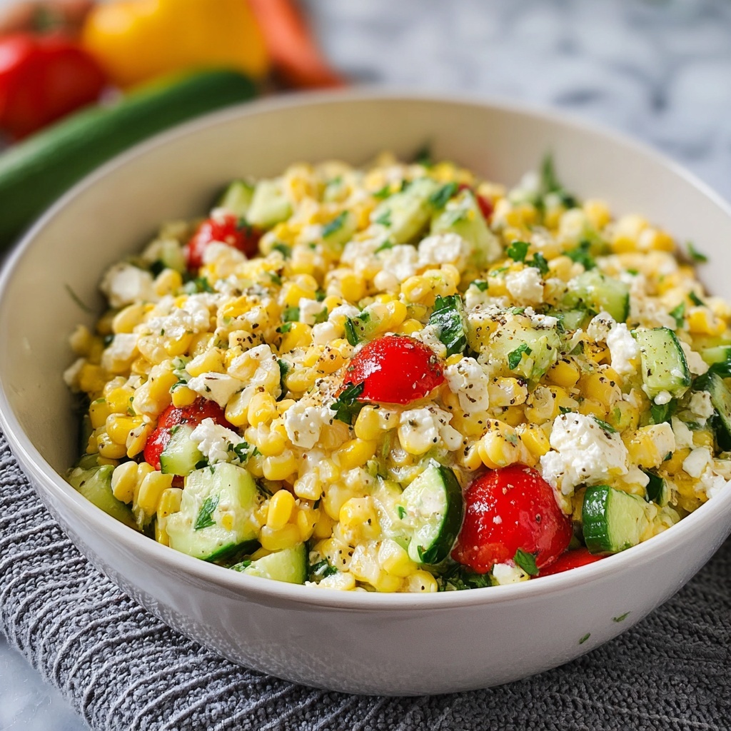 Fresh Corn Salad with Feta, Tomatoes, Cucumber, and Herb Dressing Recipe - Recipe Image