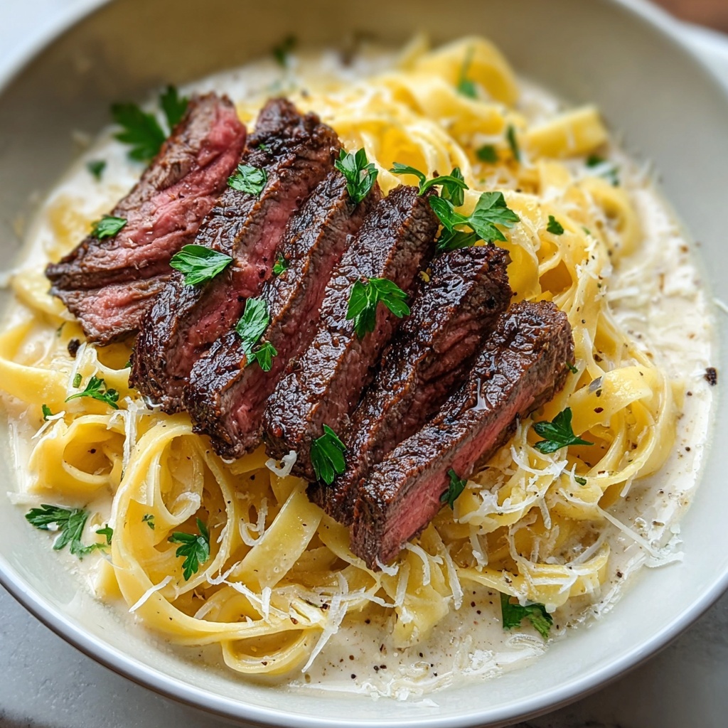 Beef Steak Pasta with Creamy Parmesan Sauce Recipe - Recipe Image