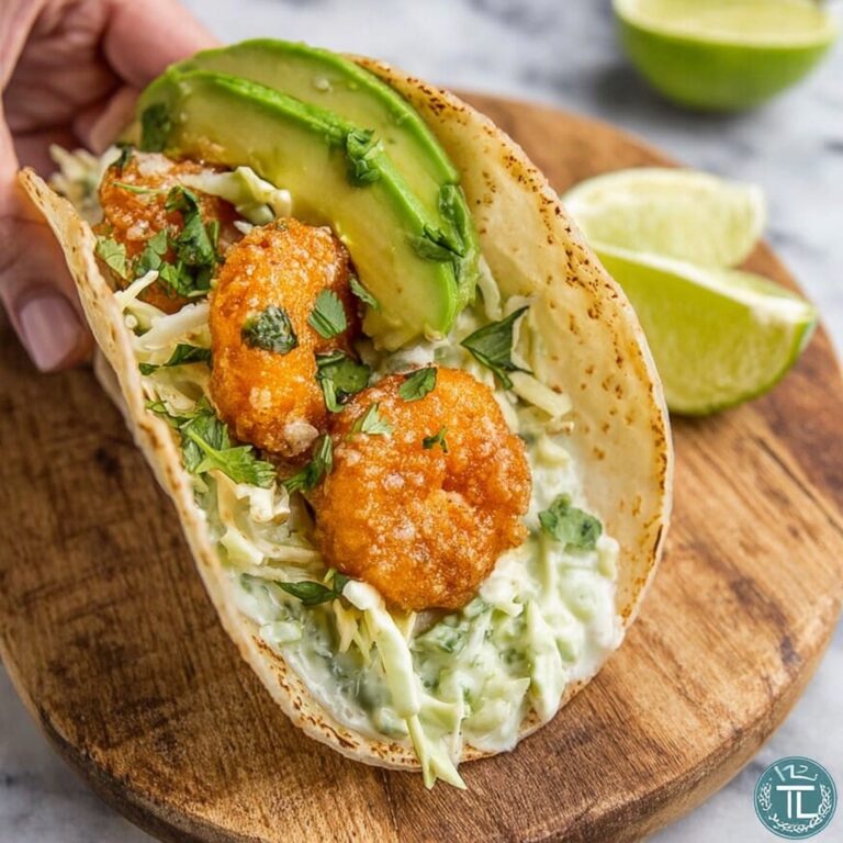 Baja Shrimp Tacos with Creamy Cilantro Slaw and Avocado Recipe